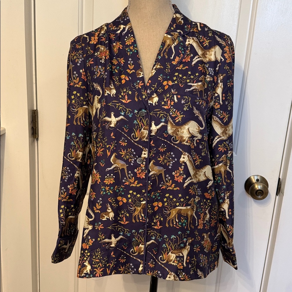 COLLECTION DRAKE’S FOR J. CREW PAJAMA TOP MIDNIGHT UNICORN BLUE CREAM SILK Sz 6